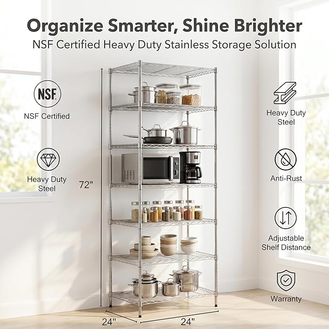 Finnhomy Heavy Duty 7 Tier Wire Shelving, 24x24x72 inches 7 Shelves Storage Rack with Thicken Steel Tube, Pantry Shelves for Storage, Adjustable Metal Shelf Unit, NSF Certified, Chrome
