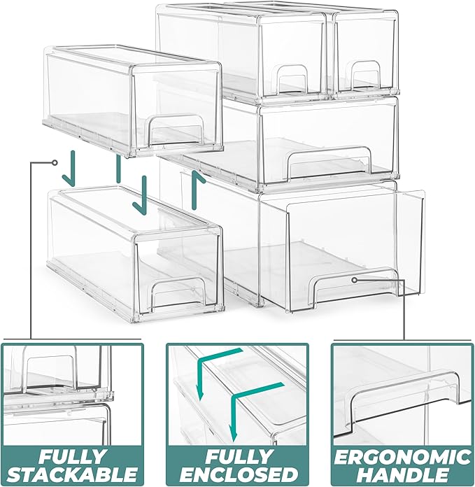 Sorbus 2 Medium & 4 Small Clear Stackable Storage Drawers – Plastic Organizer Bins with Handles – Stackable Pull-Out Storage Drawers for Closet, Pantry, Office, Bathroom, Craft, and Toy Organization