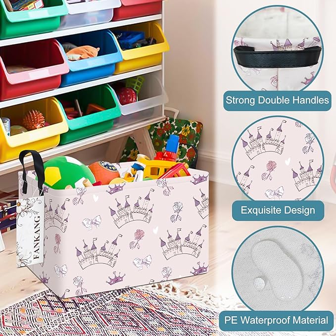 Storage Bins, Nursery Hamper Canvas Laundry Basket Foldable with Waterproof PE Coating Large Storage Baskets for Kids Boys and Girls, Office, Bedroom, Clothes,Toys(Rec-Princess Castle