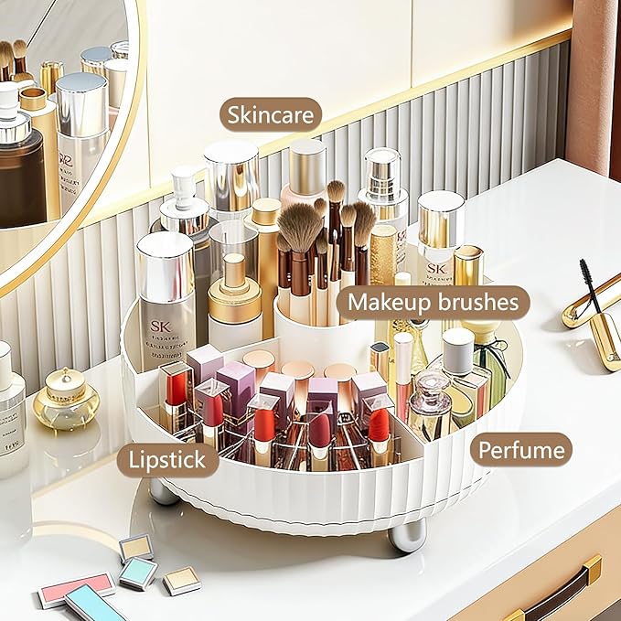 Anyoifax Makeup Perfume Organizer Tray with Divider 360 Degree Rotating Lazy Susan Skincare Lotion Organizer Spinning Cosmetics Storage for Dresser, Vanity, Bathroom Countertop, Large White