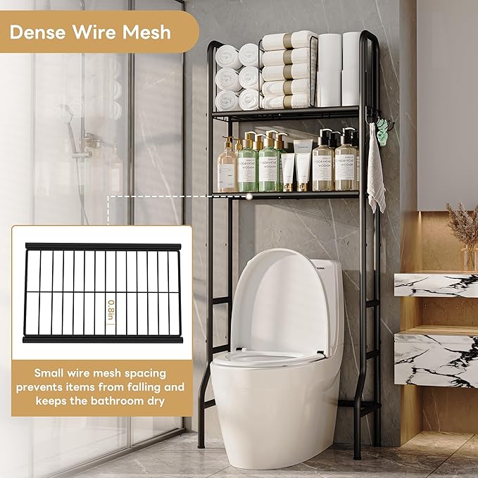 Jautokerdar Over-the-Toilet Storage Rack – Metal Towel Storage with Removable Dividers, Adjustable Shelf & Hooks, Black Over the Toilet Storage Organizer, Over Toilet Shelves for Towels & Toiletries