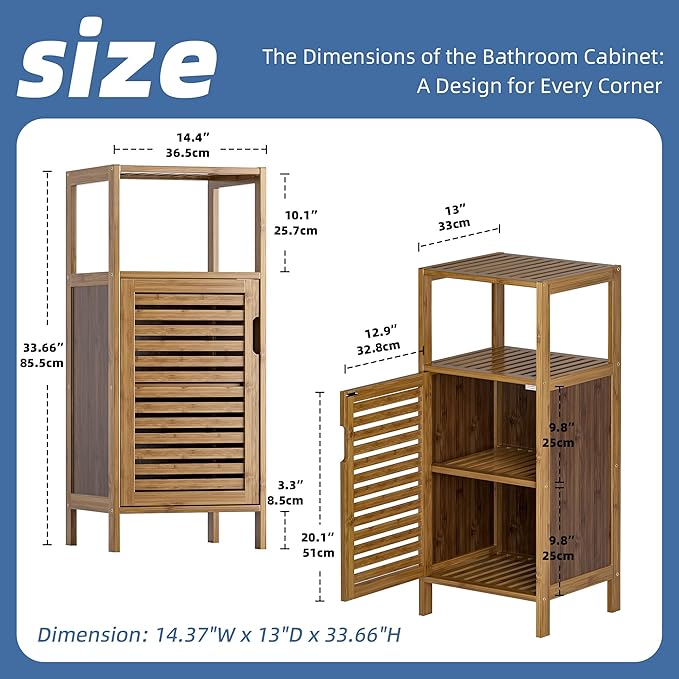 HITNET Bathroom Cabinet, Bamboo Floor Cabinet Free Standing, 4 Tier Sofa Side Storage Cupboard for Living Room Kitchen Entryway, Walnut