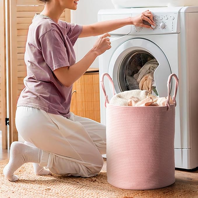 Laundry Basket – Laundry Hamper for Clothes, Blankets, Yoga Mat – Woven Cotton Rope Basket for Living Room, Nursery Room – Boho Style – 15”D x 18”H – Light Pink