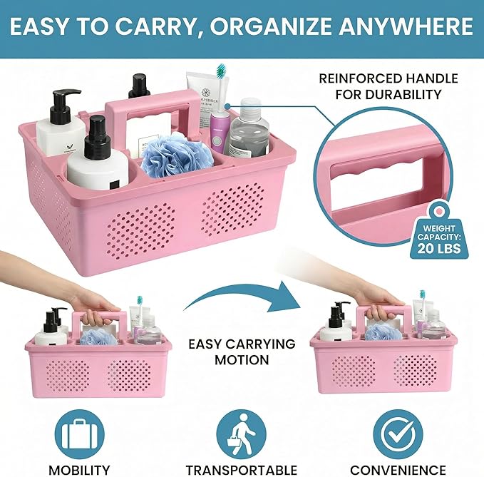KMV Dorm Room Portable Shower Caddy with Adjustable Compartments - Ventilated Drainage Design with Handles, Perfect Toiletries Organizer for College Dorms-pink