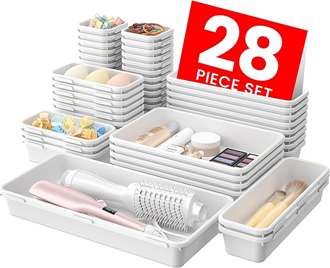 A-LuGei 【Military Grade】 Drawer Organizer, 【𝟱𝗦𝗶𝘇𝗲】 Makeup organizer, 【Holds 177 Items】 Bathroom Organizers and Storage, Organization and Storage, Desk Drawer Organizer for Vanity (White)