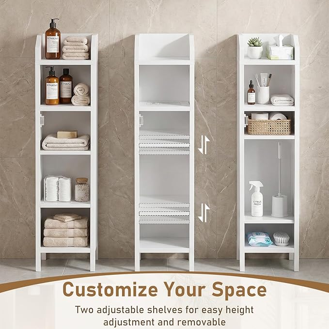 VINGLI Small Storage Corner Floor Cabinet, 7.9" Narrow Toilet Paper Storage Holder with Fluted Door, Skinny Freestanding Organizer for Small Spaces, Slim Bathroom Storage Cabinet, White