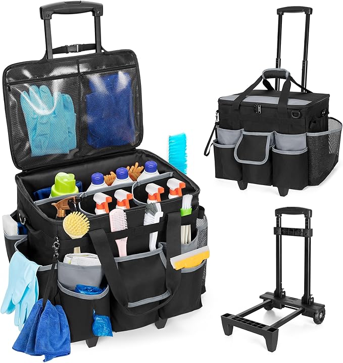 HODRANT Large Rolling Cleaning Caddy with Detachable Trolley & Lid, Cleaning Cart on Wheels with Shoulder Strap & Handles, Cleaning Supplies Organizer with Multi Pockets for Cleaning Tools Storage