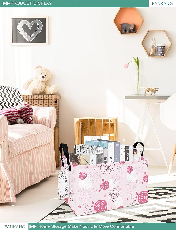 Storage Bins, Nursery Hamper Canvas Laundry Basket Foldable with Waterproof PE Coating Large Storage Baskets for Kids Boys and Girls, Office, Bedroom, Clothes,Toys(Rec-Pink roses ）