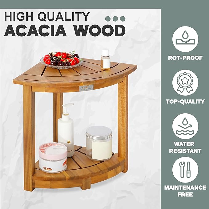VICTORY RELAX Acacia Wood Corner Shower Shelf for Inside Shower – Waterproof Shower Bench & Foot Rest for Shaving Legs, Small Bathroom Spa Seat, Natural Color (17.9")
