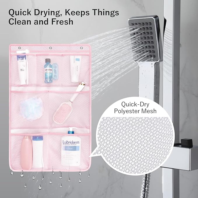 F-color Cruise Essentials 2026 - Mesh Shower Organizer Hanging with 7 Pockets for RV Gym Camping, Quick-Dry Portable Toiletry Bag with Metal Hooks for Bathroom Travel Toiletries, Pink+Pink