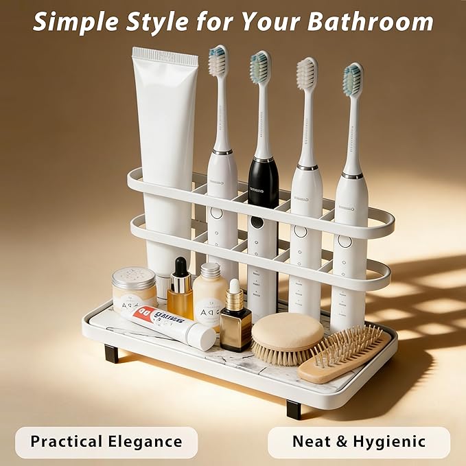 Diatomite Toothbrush Holders for Bathrooms, 5 Slots Electric Toothbrush Organizer with Instant Drying Stone, Toothpaste Holder and Storage for Countertop, Bathroom Counter Organizer White
