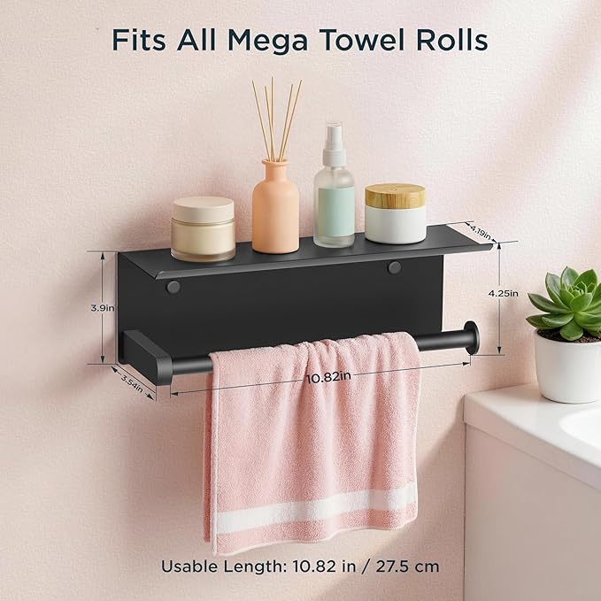 FORIOUS Paper Towel Holder with Shelf, SUS304 Stainless Steel Paper Towel Holder with Storage Shelf, Wall Mount Screw Paper Roll Organizer Commercial Paper Hand Towel Dispensers, Mattle Black