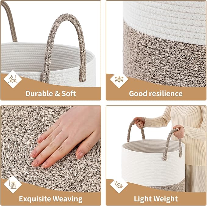 Laundry Basket Hamper Tall Rope Storage Woven for Blanket Toys Dirty Clothes in Living Room Bathroom Bedroom White & Brown 60L/15.8Gal