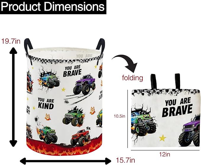 ESSME Kids Laundry Basket,Monster Truck Hamper Collapsible Canvas Storage Bin for Boys, Cute Hamper,Gift Baskets(Flame Truck)