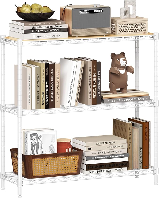 Homeiju 3-Tier Storage Rack, 29.8" Wide Heavy Duty Metal Shelving Unit, Top Tier with Removable Wood Board, 200 lbs Capacity per Shelf, for Pantry, Bathroom, Garage, Entryway, Plant Stand