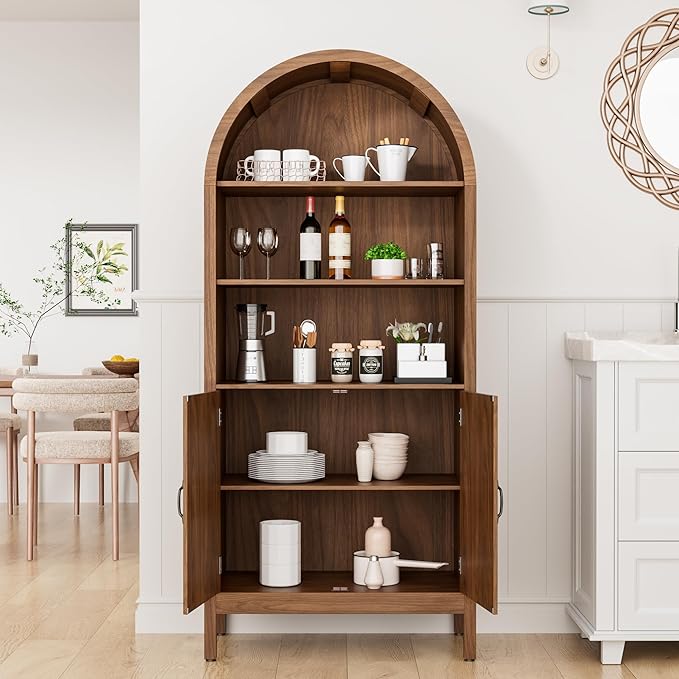 Lxsxlome 70.9" Tall Storage Cabinet with Fluted Doors, Arched Freestanding Cabinet with 5 Shelves, Wooden Bookcase Storage Cabinet Suitable for Living Room, Dining Room, Bathroom