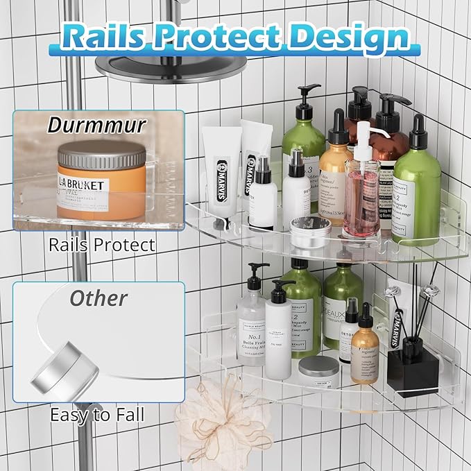 Durmmur 2 Pack Acrylic Corner Shower Caddy, Clear Corner Shower Shelf with 4 Hooks, Adhesive Wall Mounted Bathroom Shower Shelf Organizer for Inside Shower & Kitchen Storage