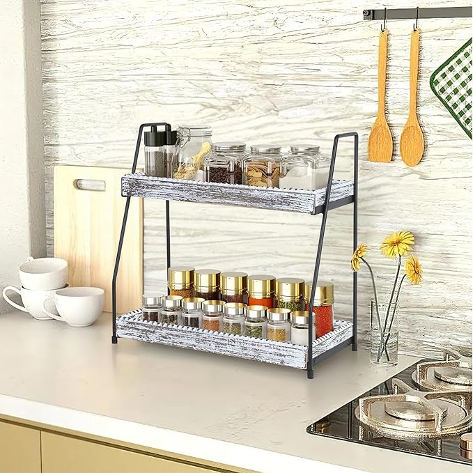Gurfuy Bathroom Vanity Organizer 2-Tier Wood Countertop Storage Counter Shelf for Makeup Skincare Perfume Jewelry Tray Spice Rack White