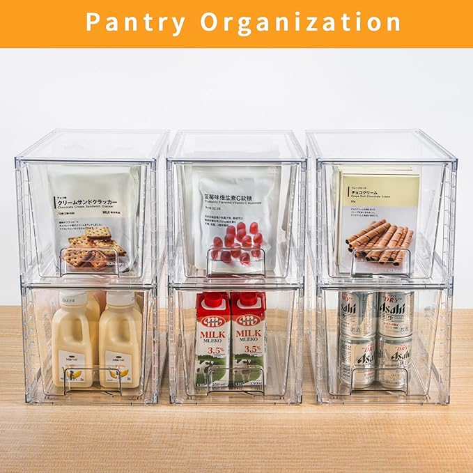 2Pack Large Stackable Kitchen Storage Drawers, Clear Foods Organizer Bins with Handles, Easily Assemble for Bathroom, Kitchen, Pantry, Cabinet, Closet(XL-Down Handle)