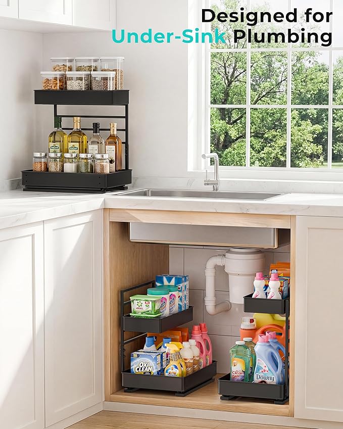 EVERIE Height Adjustable 2 Tier Metal Pull Out Slide Shelf Organizer for Under Sink Cabinets in Kitchen, Bathroom, with Snap-on Top Tray, 16" Deep (Black, 2 Sets) | Pull Out, Slide Shelf