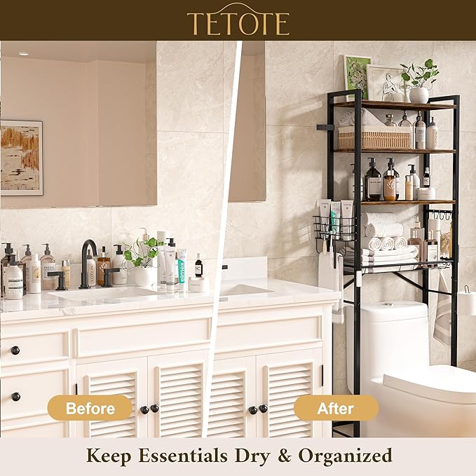 TETOTE Over Toilet Bathroom Organizer, 4-Tier Bathroom Over the Toilet Storage with Adjustable Shelf and Basket, Freestanding Space Saver Bathroom Shelves Above Toilet for Room(Brown)