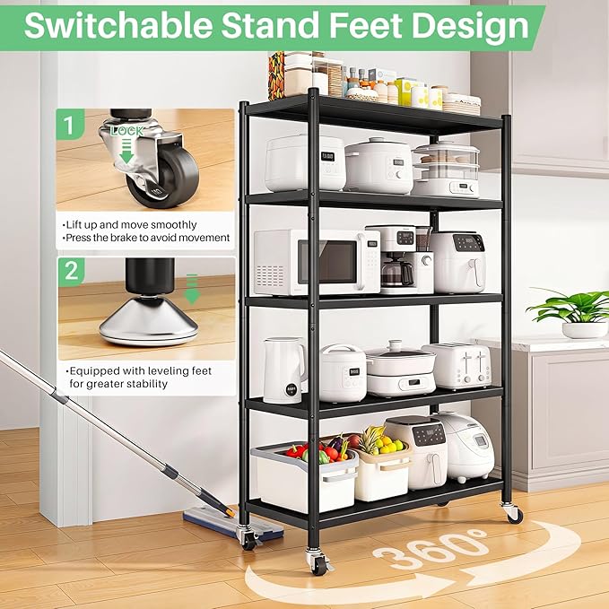 PXRACK Metal Shelving for Storage, 5 Tier Adjustable Kitchen Storage Shelves with Wheels, Shelving Unit Bookshelf Utility Shelf Metal Storage Rack for Garage Pantry Closet Laundry, 35.8"x13"x59.65"