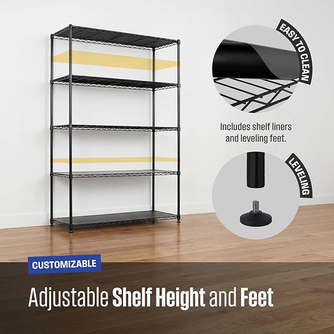 SafeRacks - NSF Certified Storage Shelves, Zinc, Heavy Duty Steel Wire Unit with Adjustable Feet, Garage or Bakers Rack, Kitchen, Pantry Shelf - (48"x18"x72" 5-Tier) (Black)