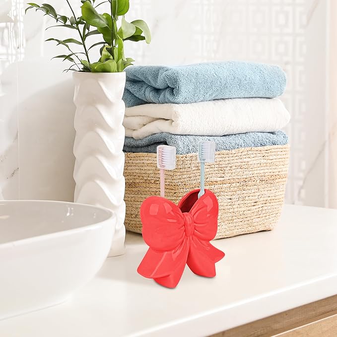 Cute Toothbrush Holder, Ceramic Bow Toothbrush Holder, with Drain Hole Bathroom Countertop Accessories, for Bathroom Canister Storage Organization, Vanity Makeup Organizer (Red)