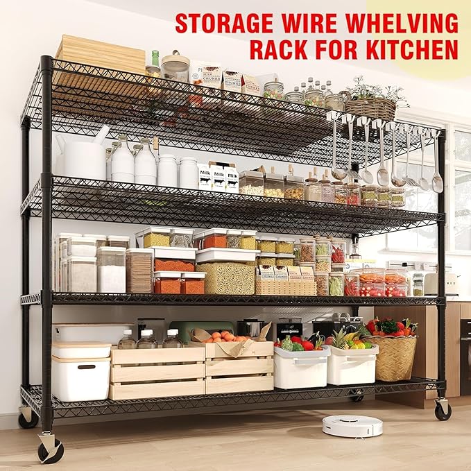 4-Tier Tall Steel Wire Shelving Unit with Wheels, Heavy Duty Storage Rack,2640 Lbs Capacity, Adjustable Industrial Shelves for Garage, Workshop, or Warehouse