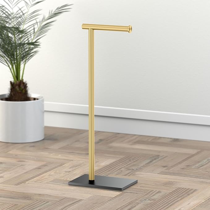 Gatco 1431MXB Modern Rectangle Base Freestanding Toilet Paper Holder, 21.25", Matte Black Brushed Brass, with Weighted Base