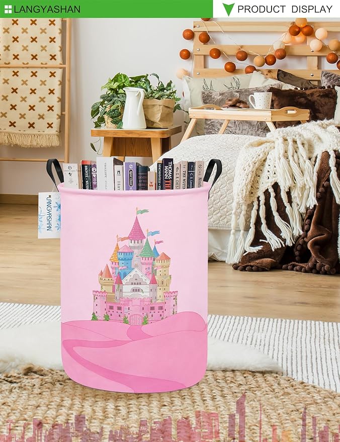 Storage Bin, Canvas Fabric Collapsible Organizer Basket for Laundry Hamper,Toy Bins,Gift Baskets, Bedroom, Clothes,Baby Nursery (Round Castle)