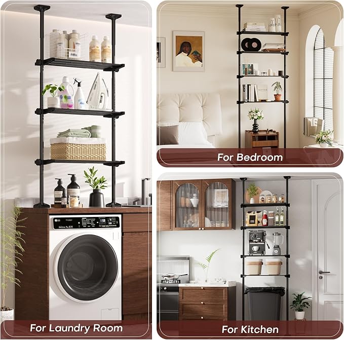 Goovilla Over The Toilet Storage Shelf, 4 Tier Bathroom Organizer Shelves with 64-124inch(H) 15-27inch(W) Adjustable No Drilling Tension Mounting, Black Space Saver Bathroom Shelf Rack Above Toilet