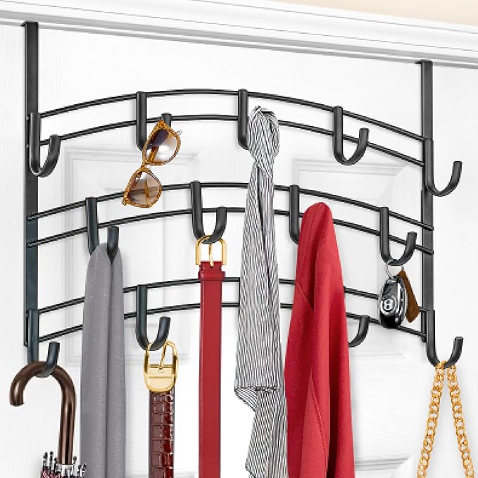 LYNK Professional® Home™ Over the Door Hooks - 14 Hook – Over the Door Coat Rack - Over the Door Hanger - Hanging Towels or Clothes - Bathroom, Bedroom, Laundry Room - Lifetime Ltd. Warranty, Black