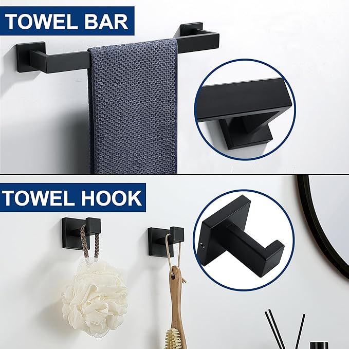 10 Pieces Bathroom Hardware Accessories Set Black, Bathroom Towel Rack Set SUS304 Stainless Steel, Square Bath Towel bar Set Heavy Duty, Wall Mounted