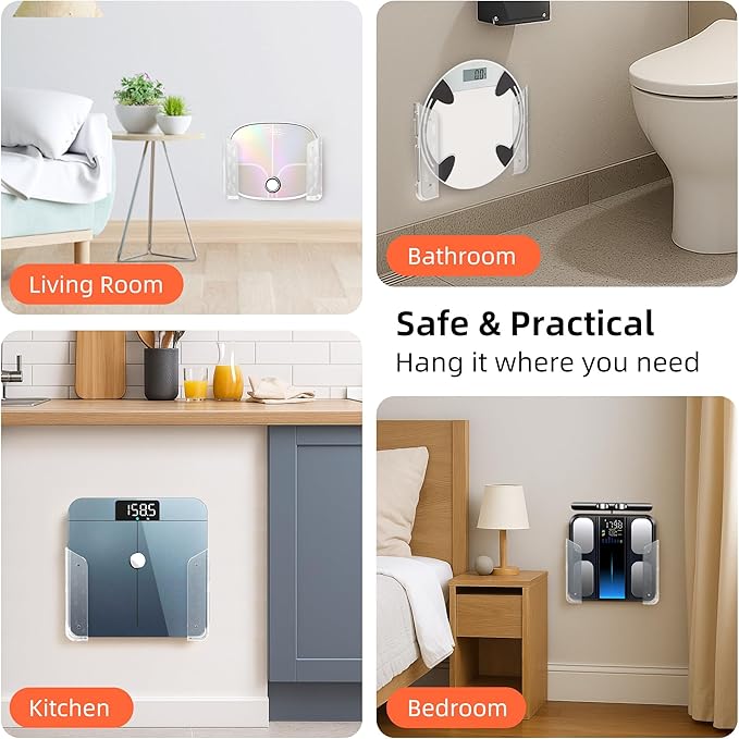 ELETIUO Wall-Mounted Scale Holder with Adhesive &Screws -Fits Most Digital Scales (Up to 1.2"/30mm Thick),Anti-Slip Silicone Pads,Space-Saving Bathroom/Bedroom Organizer-Easy to Install, Clear