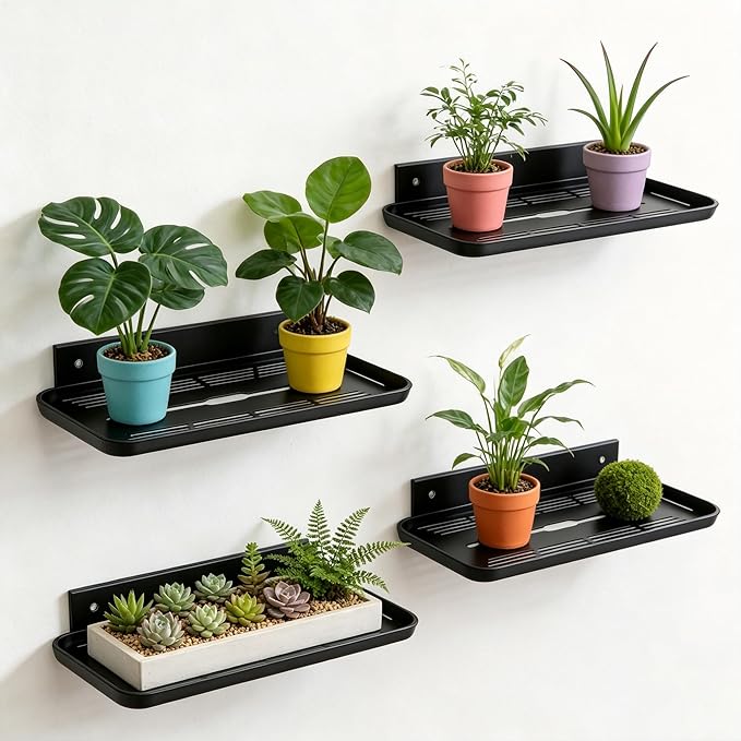 FAYYGYH Adhesive Floating Shelves No Drill Floating Shelf for Wall Storage Damage-Free Wall Mounted Organizer for Bathroom, Kitchen, Bedroom & Office (Black, 4 PCS)