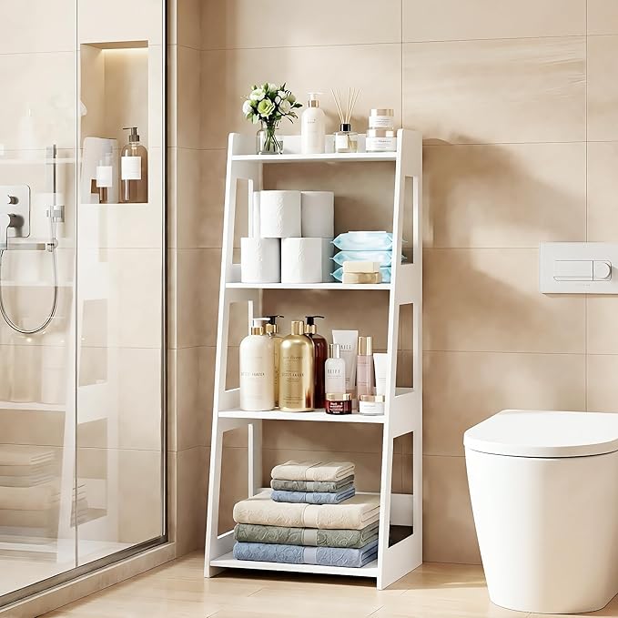 4-Tier Ladder Shelf, White Bathroom Shelves Freestanding Open Shelving Unit Bookshelf, Side End Table for Living Room Kitchen Bathroom(11.8”D x 15.7”W x 38.6”H)
