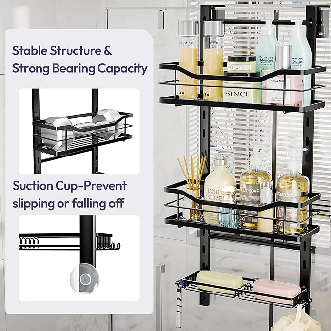 SWTYMIKI Over the Door Shower Caddy - 3 Tier Adjustable Shower Organizer Hanging with Soap Holder, No Drilling Stainless Steel Bathroom Rack Hanging for Body Wash, Shampoo, Soap, Razor, Black