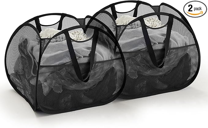 TECHMILLY Collapsible Mesh Pop Up Laundry Hamper with Strong Handles, Large Opening Clothes Hamper with Side Pockets, Storage Baskets for Dorm, Laundry Room, Bathroom or Travel (Black, 90L, 2Pack)