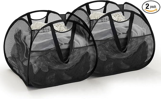 TECHMILLY Collapsible Mesh Pop Up Laundry Hamper with Strong Handles, Large Opening Clothes Hamper with Side Pockets, Storage Baskets for Dorm, Laundry Room, Bathroom or Travel (Black, 90L, 2Pack)