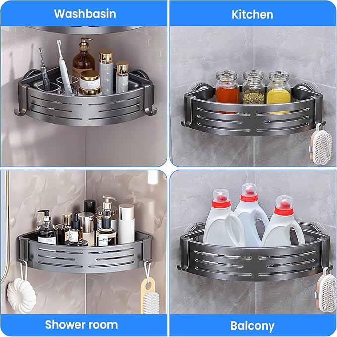 Corner Shower Caddy Suction Cup, Rust-proof aluminum alloy With 4 hooks No drilling required Removable Waterproof Nathroom Storage Rack for Shampoo, Shower Gel, Razors (Grey 1Pack)