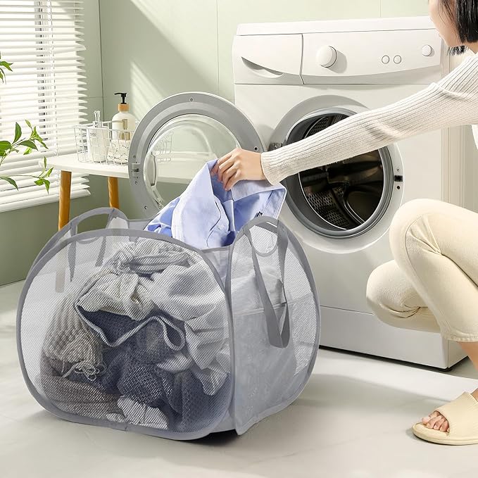 TECHMILLY Collapsible Mesh Pop Up Laundry Hamper with Strong Handles, Large Opening Clothes Hamper with Side Pockets, Storage Baskets for Dorm, Laundry Room, Bathroom or Travel (Grey, 90L, 2Pack)