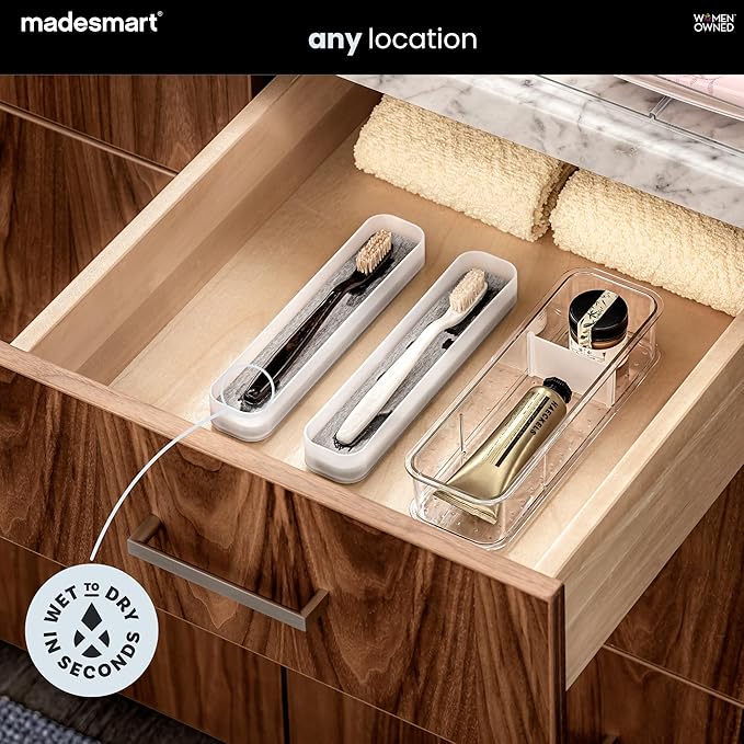 madesmart Toothbrush Tray with Drying Stone, Fast-Dry Counter Organizer for Toothbrushes, Razors, Toothpaste & Bathroom Counter Essentials, Grooming Tools & Daily Bath Items, Frost