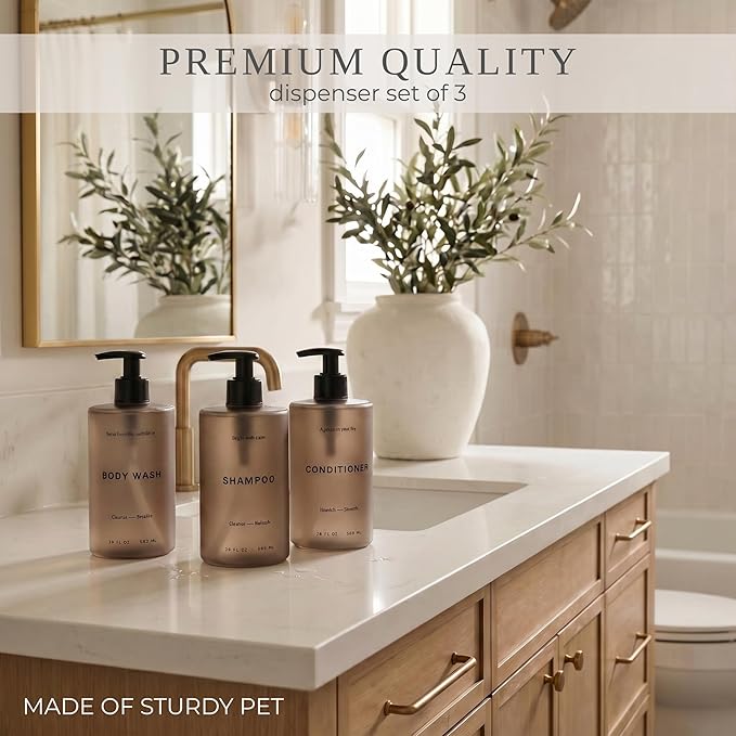 Stylish Shampoo and Conditioner Dispenser Set of 3 - Modern 20oz Shower Soap Bottles with Pump and Labels - Easy to Refill Body Wash Dispensers for an Instant Bathroom Decor Upgrade