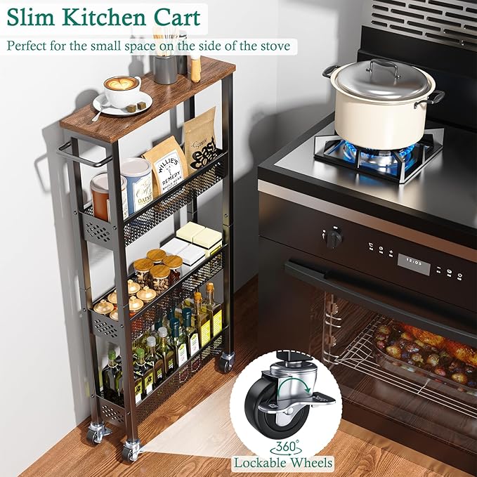 XYZLVSI Slim Storage Cart 4 Tier Narrow Kitchen Rolling Cart on Wheels for Small Space, Mobile Utility Cart Shelving Unit with Wooden Top and Metal Handle for Kitchen, Bathroom, Laundry Room