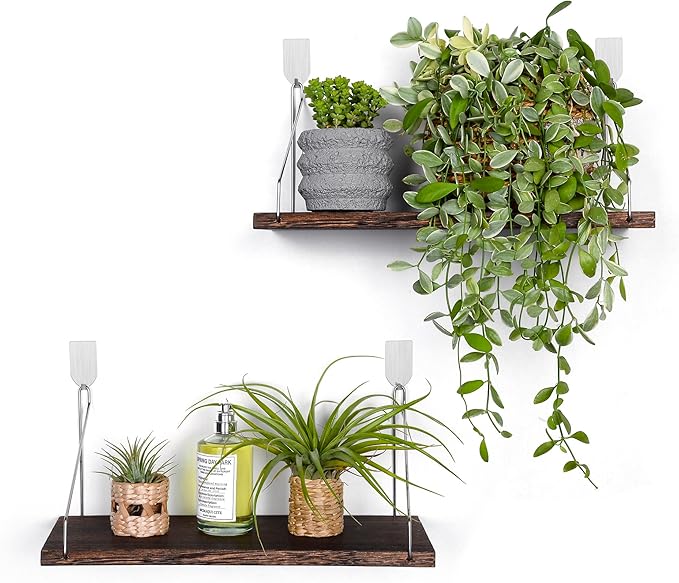 Floating Shelves Set of 2 Rustic Solid Wood Floating Shelf Wall Storage Shelves for Living Room, Bedroom, Bathroom, Kitchen Laundry, Office,no Drill Shelf(Retro Color M+M)