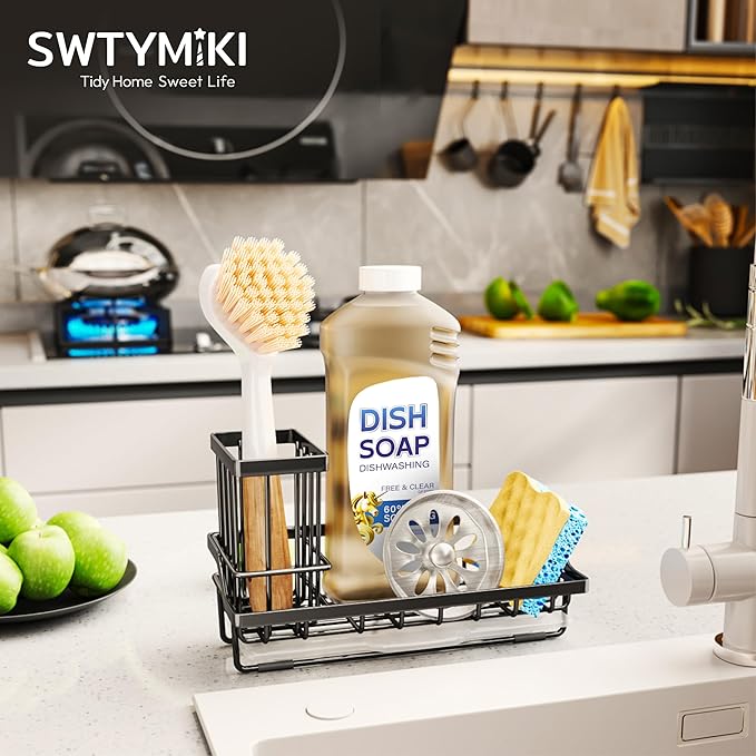 SWTYMIKI Sink Caddy Sponge Holder - Kitchen Sink Organizer with High Brush Holder for Countertop to Hold Dish Soaps and Sponges, Stainless Steel, Black