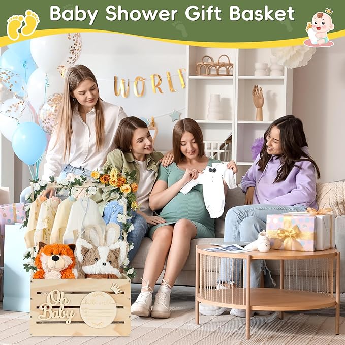Wooden Baby Shower Crate Closet, Personalized Baby Gift Basket with Hangers, New Born Girl Boy Large Clothes Storage Box for Baby Shower for Pregnancy New Mom Parent