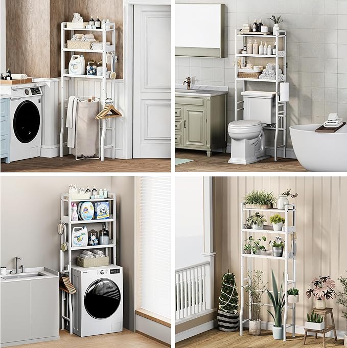 Over the Toilet Storage Shelf 3-Tier Adjustable Bathroom Organizers and Storage Shelves Bathroom Rack Above Toilet Storage with Paper Holder and 4 Hooks Space Saver Storage for Laundry