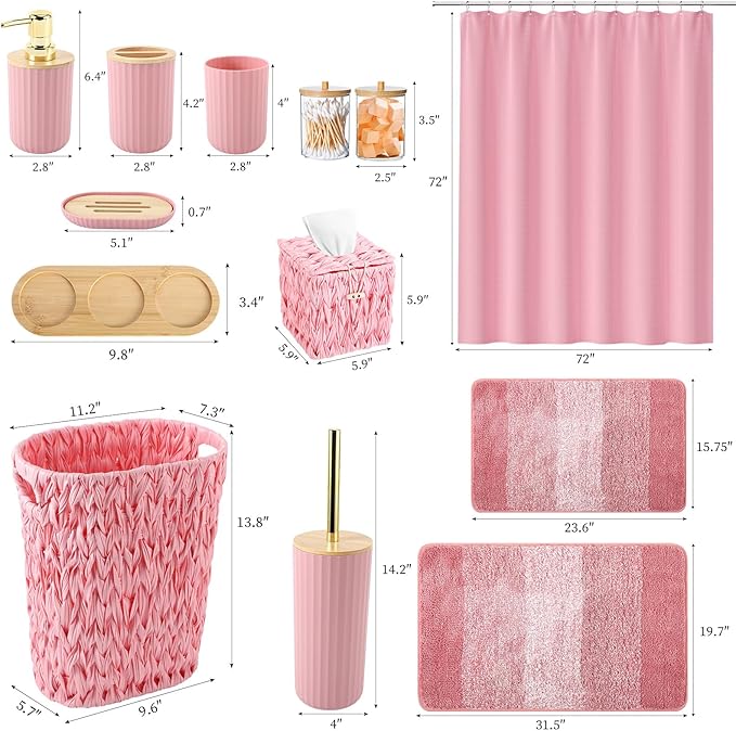 Bathroom Accessories Set, 25PCS Wicker Bathroom Accessory Set with Shower Curtain, Bath Mat, Soap Dispenser, Handwoven Trash Can & Ratten Tissue Box (Pink, Bath Set+Shower Curtain+Rugs)